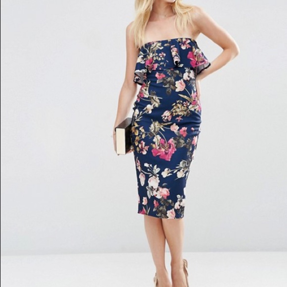 ASOS Petite Print Ruffle Dress Navy Flowers